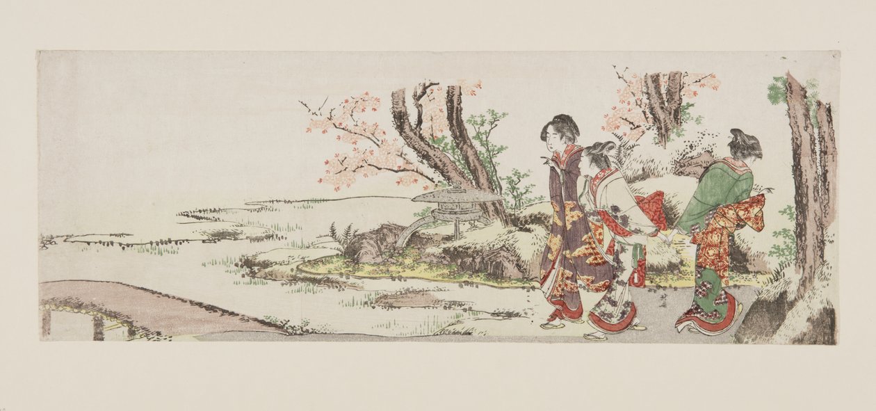 Kiraz çiçeğini izleyen üç kadın (renkli tahta baskı) by Katsushika Hokusai