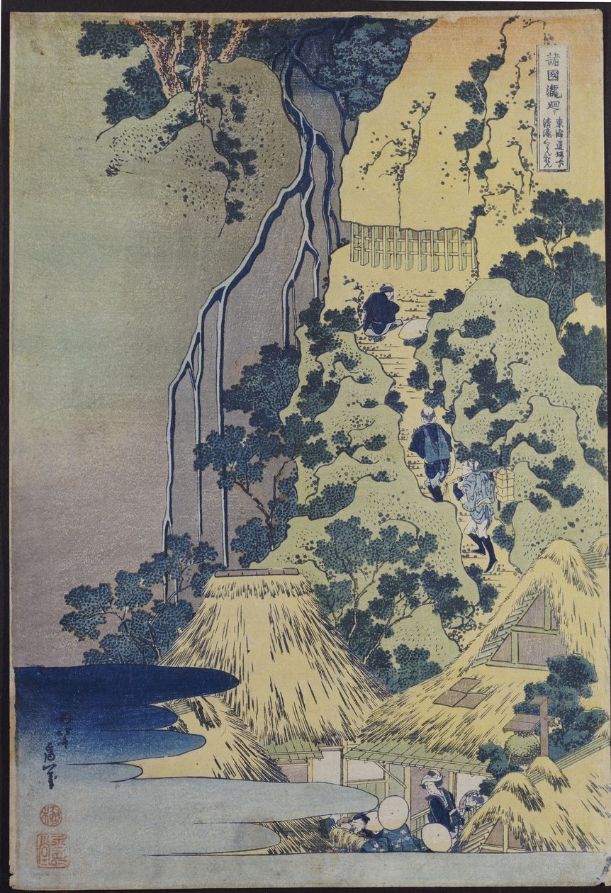 Şelalenin yanındaki bir mağarada bulunan kannon tapınağına saygılarını sunmak için dik bir tepeye tırmanan gezginler by Katsushika Hokusai