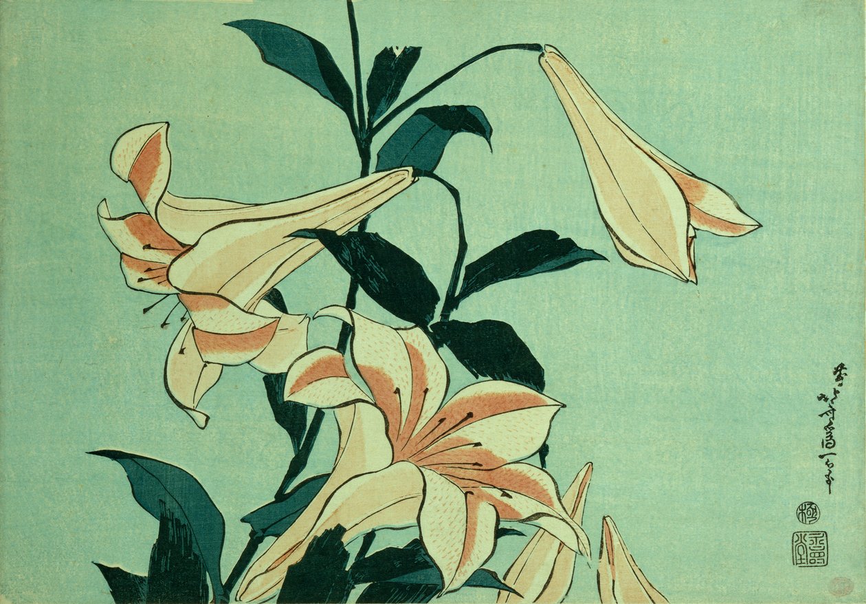 Trompet Zambakları (renkli tahta baskı) by Katsushika Hokusai
