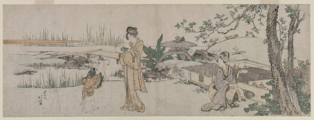 Japon Balığı Tankının Yanında İki Kadın ve Bir Çocuk by Katsushika Hokusai