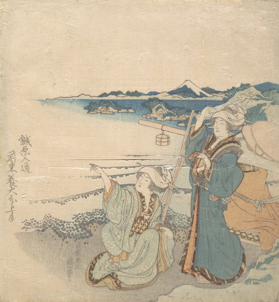 Kıyıda İki Genç Bayan, Bir İşaret. by Katsushika Hokusai