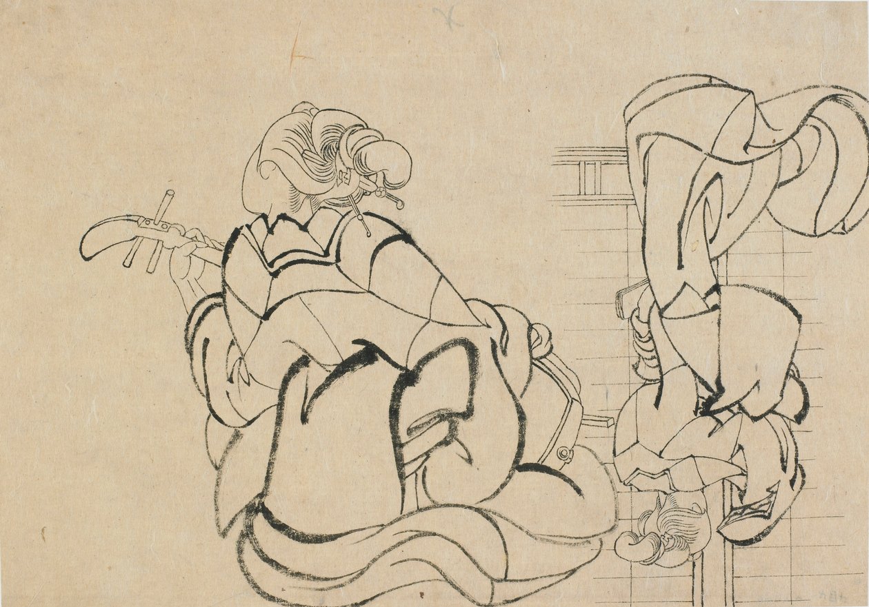 İki eskiz: samisen oynayan bayan ve gözlemciye dönen bayan..., 18. yüzyılın sonu - 19. yüzyılın başı. by Katsushika Hokusai