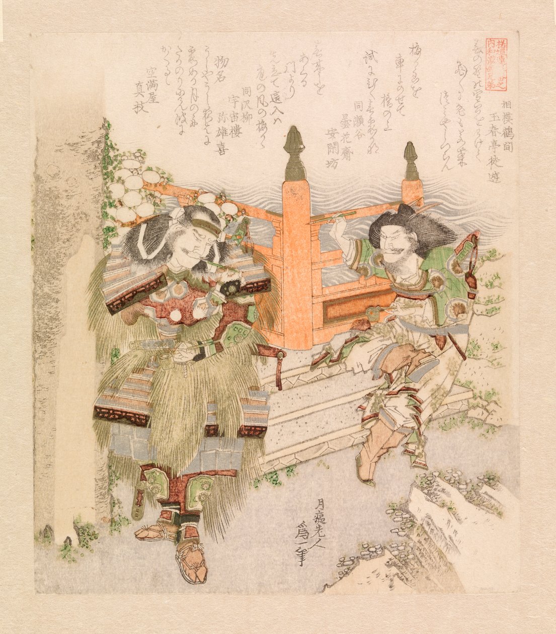 Köprü girişinde pipo içen iki savaşçı, 1825 dolayları (renkli gravür) by Katsushika Hokusai