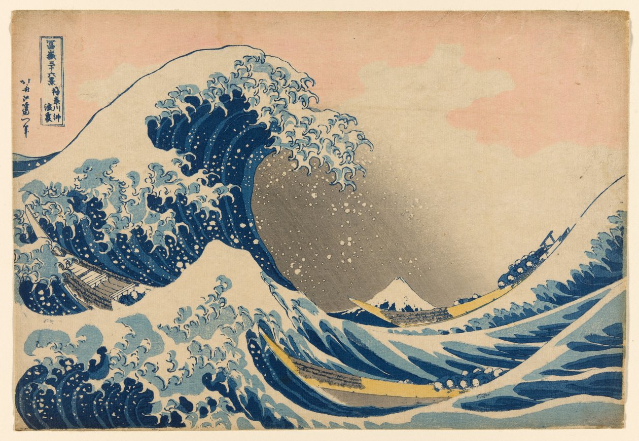 "Fuji Dağı'nın Otuz Altı Manzarası (Fugaku sanjurokkei)" serisinden, Büyük Dalga olarak da bilinen Kanagawa'daki Dalganın Altında (Kanagawa oki nami ura) by Katsushika Hokusai