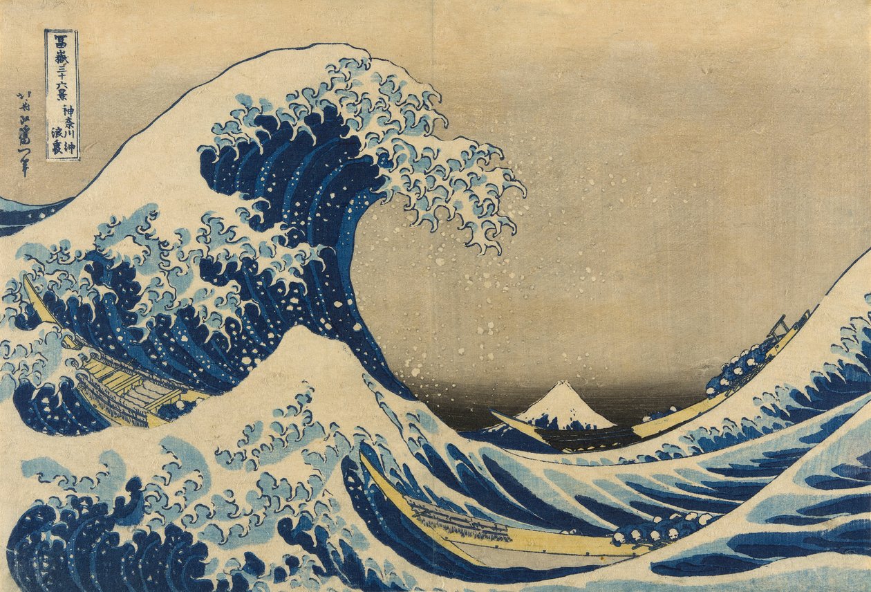 "Fuji Dağı'nın Otuz Altı Manzarası (Fugaku sanjurokkei)" serisinden, Büyük Dalga olarak da bilinen Kanagawa'daki Dalganın Altında (Kanagawa oki nami ura) by Katsushika Hokusai