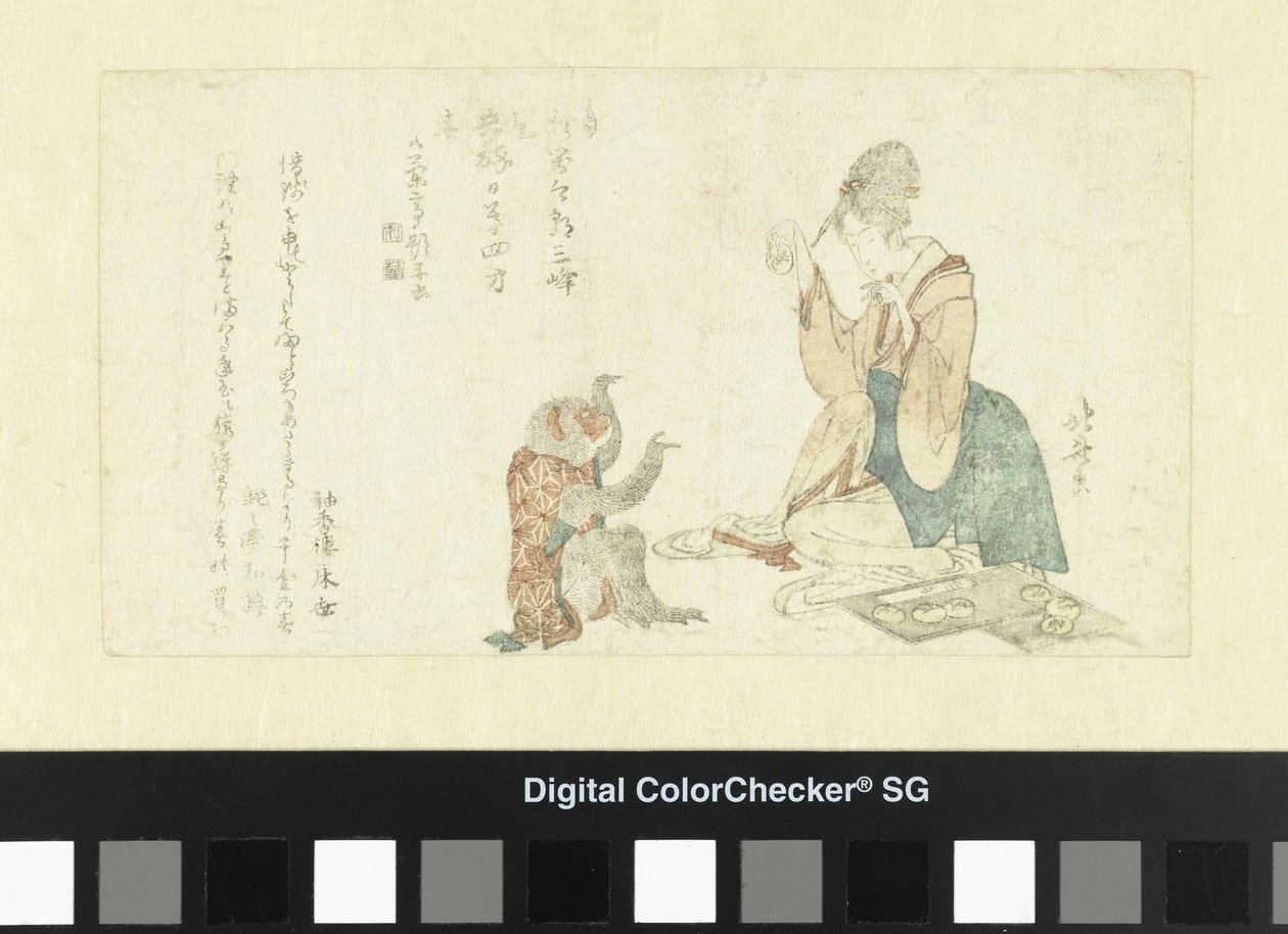Maymunla oynayan kadın by Katsushika Hokusai