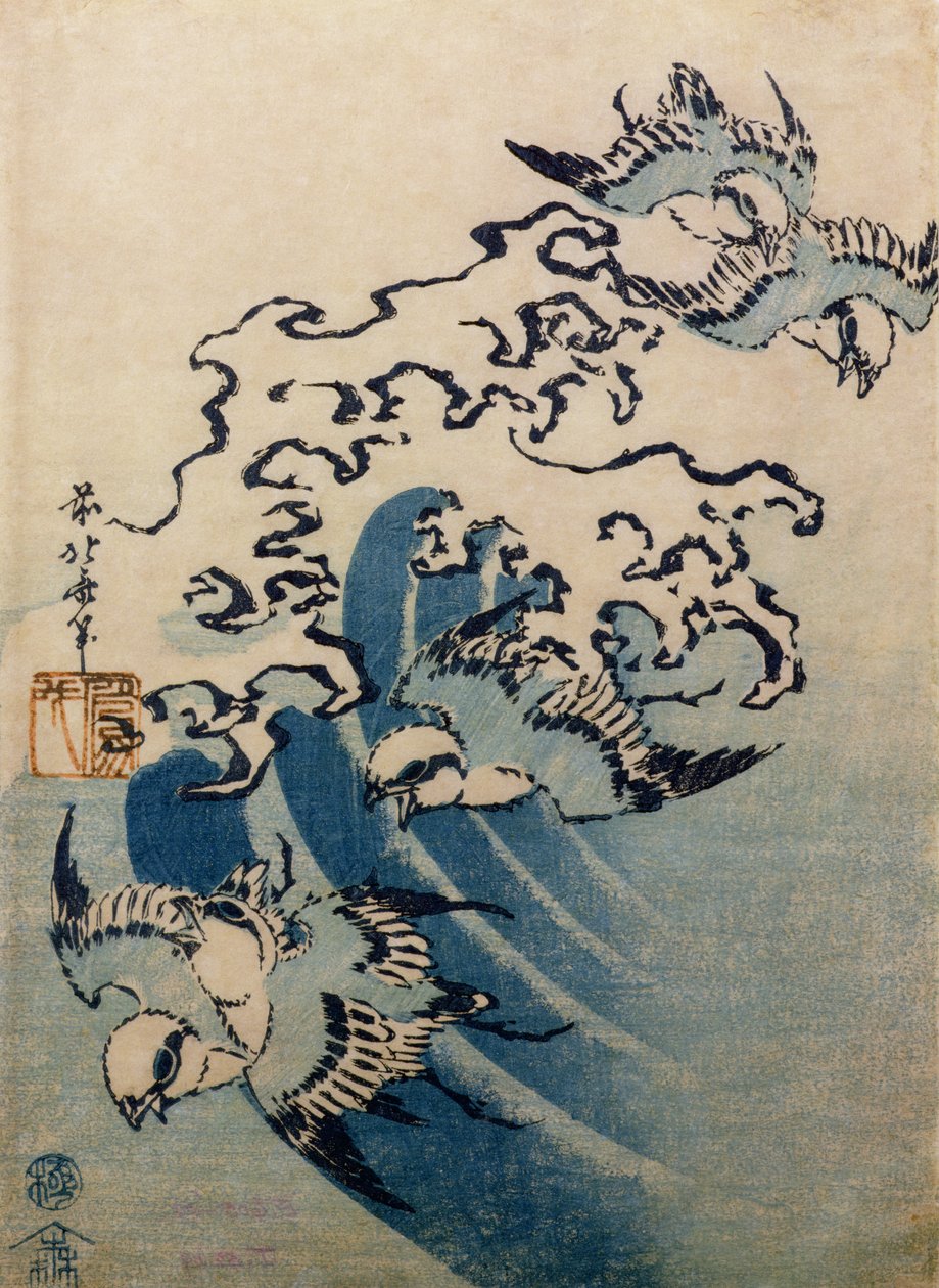 Dalgalar ve Kuşlar, c.1825 (renkli tahta baskı) by Katsushika Hokusai