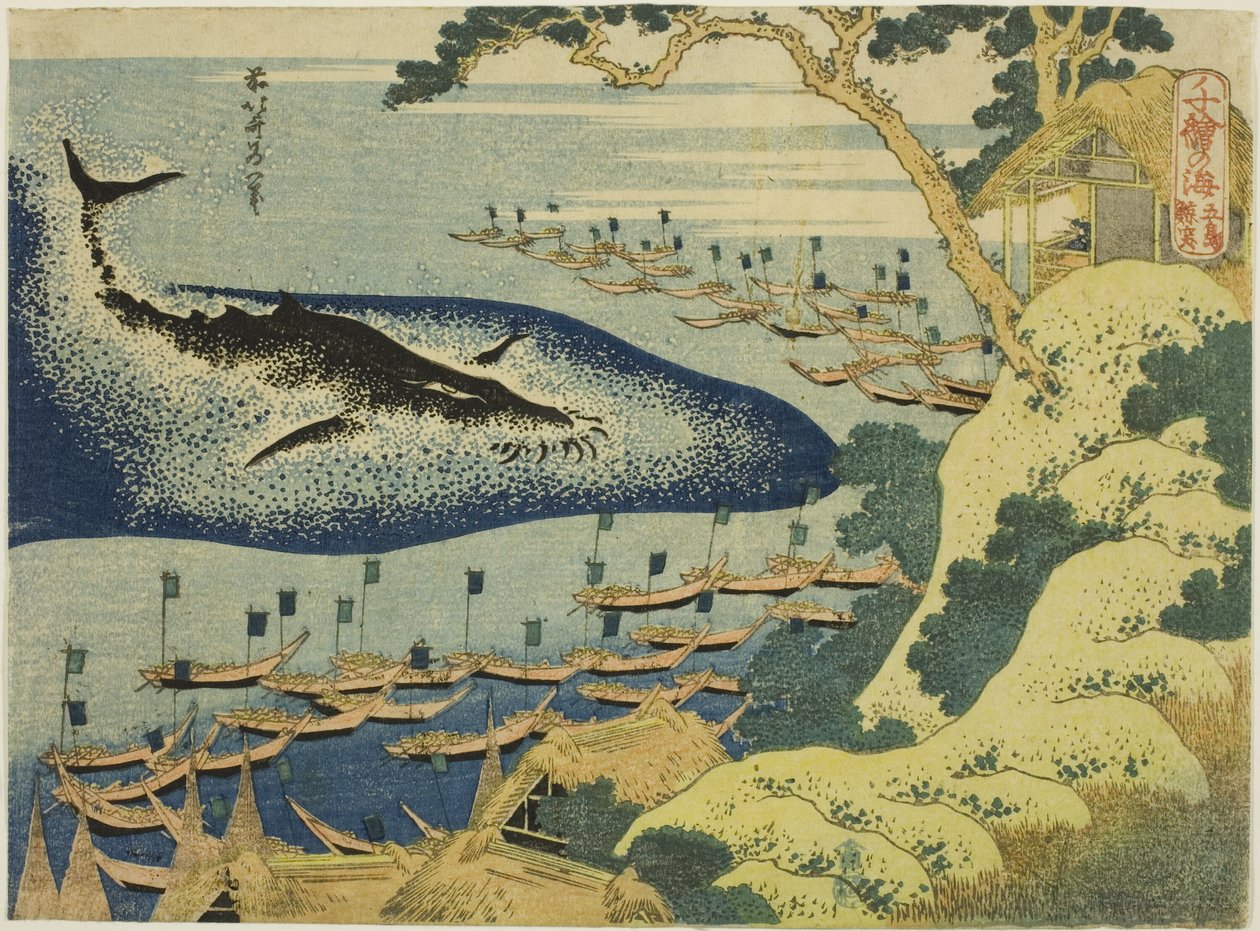 "Okyanusun Bin Resmi (Chie no umi)" serisinden Goto Adaları Sahili (Goto kujira tsuki) açıklarında balina avcılığı by Katsushika Hokusai