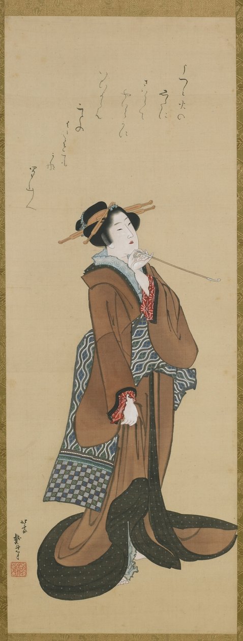 Tütün Pipo Tutan Kadın, Edo dönemi, c.1814-15 (ipek üzerine mürekkep ve renk) by Katsushika Hokusai