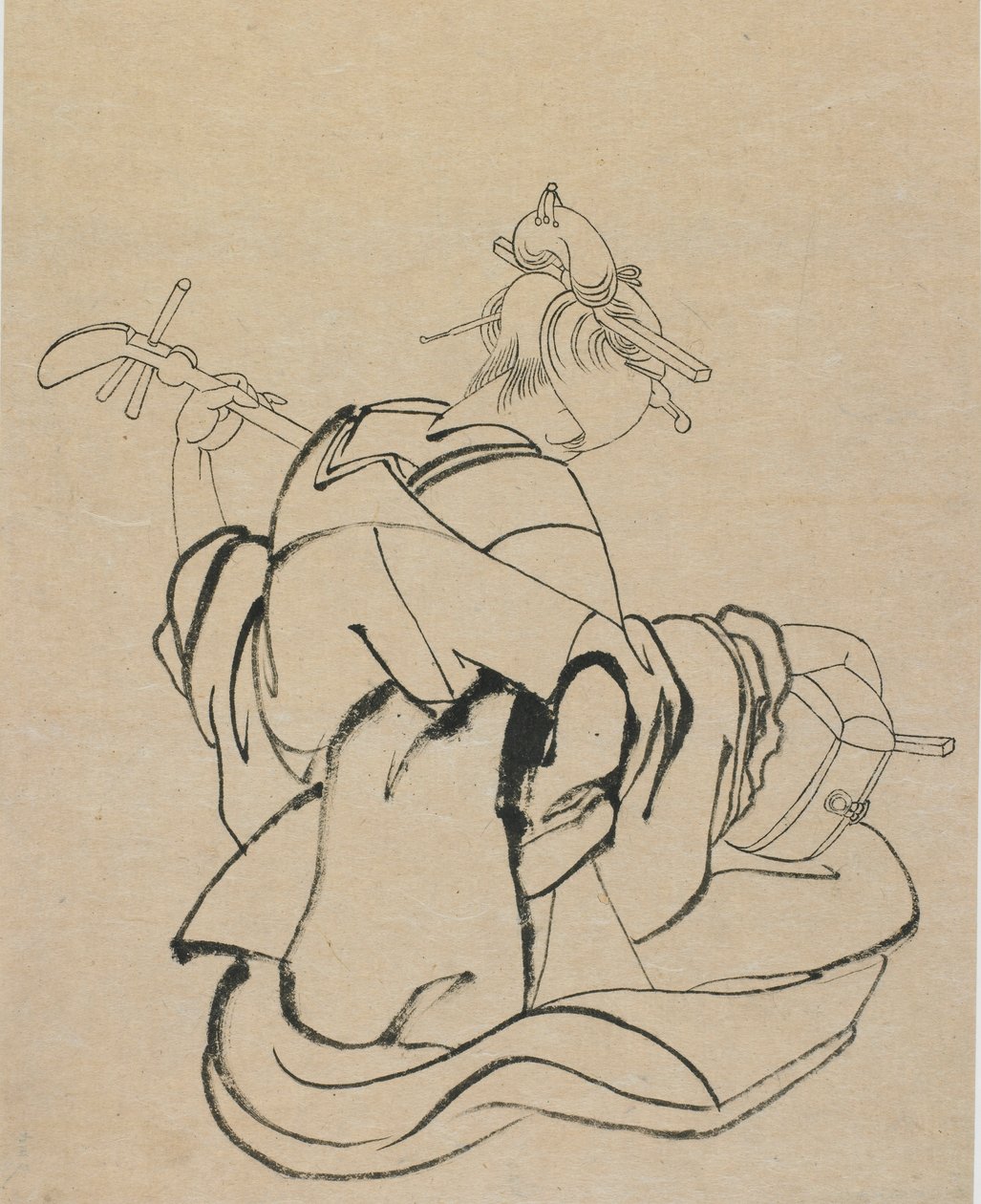 18. yüzyılın sonları 19. yüzyılın başlarında samisen oynayan gözlemciye arkası olan kadın. by Katsushika Hokusai