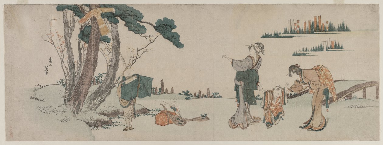 Uçurtması ağaca takılan çocuğun dikkatini dağıtan kadınlar by Katsushika Hokusai