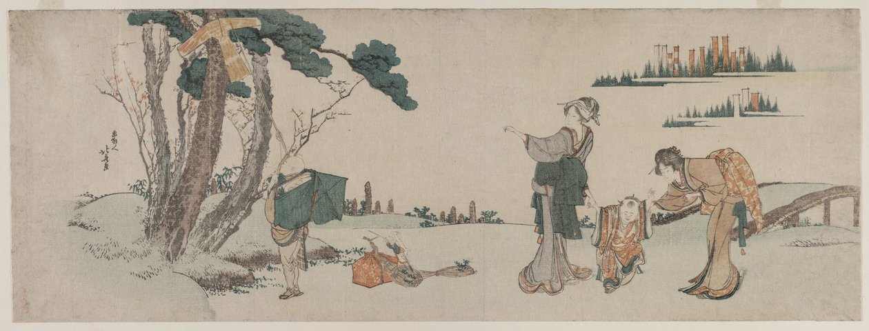 Uçurtması ağaca takılan çocuğun dikkatini dağıtan kadınlar, c. 1800. by Katsushika Hokusai