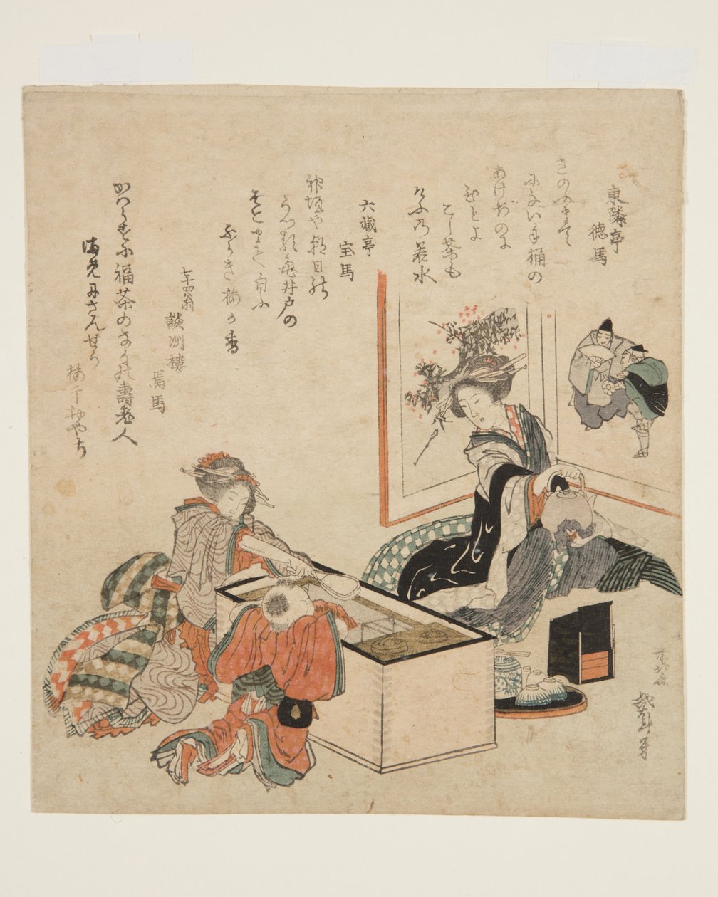 Ateş Tutacağı Etrafında Çay Hazırlayan Kadınlar (renkli tahta baskı) by Katsushika Hokusai