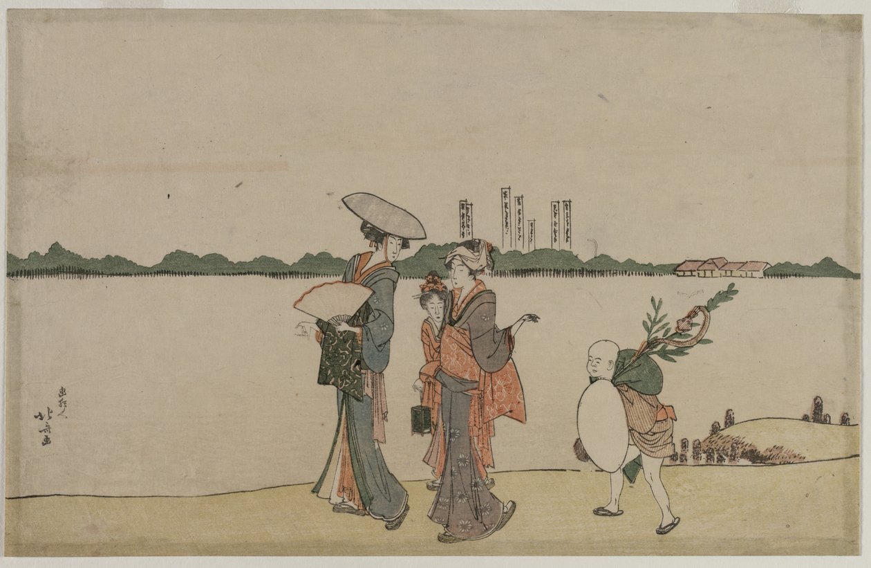 Sumida Nehri Boyunca Yürüyen Kadınlar ve Çocuklar by Katsushika Hokusai