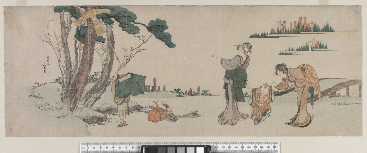 Uçurtması ağaca takılan çocuğun dikkatini dağıtan kadınlar, Edo Dönemi, 1800 dolayları by Katsushika Hokusai