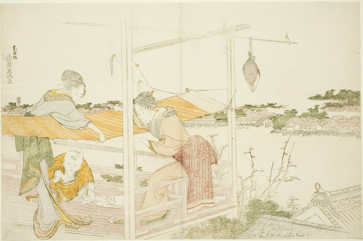 Bir Veranda Üzerindeki Kadınları Kurutmak İçin Esneme Kumaşı by Katsushika Hokusai