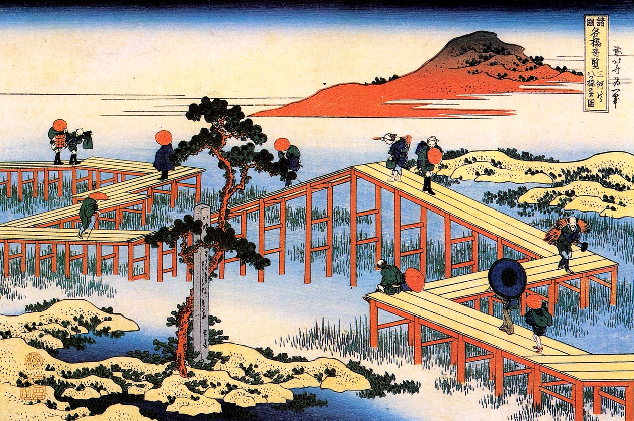 Mikawa Eyaletindeki Yatsuhashi, c1835. by Katsushika Hokusai
