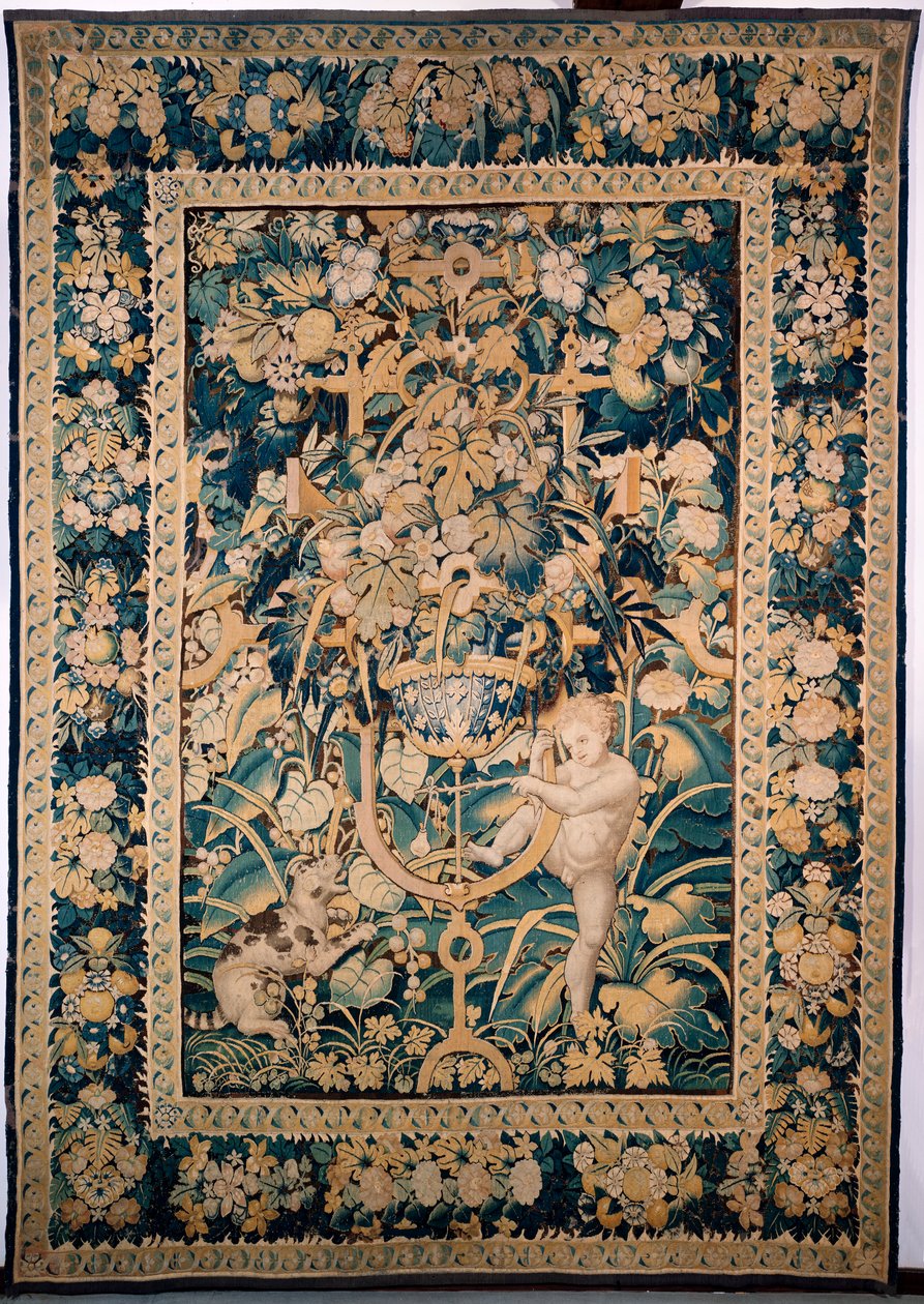 Goblen. Engin. Vahşi bir hayvana bakan çocuk (Bambin taquinant un jeune fauve, De knaap met het jonge wilde dier). 363 cm x 259 cm. Çubuğa sabitlenmiş bir armutla vahşi bir hayvanla, belki bir leoparla alay eden bir çocuk ya da putto. by Alec Hunter