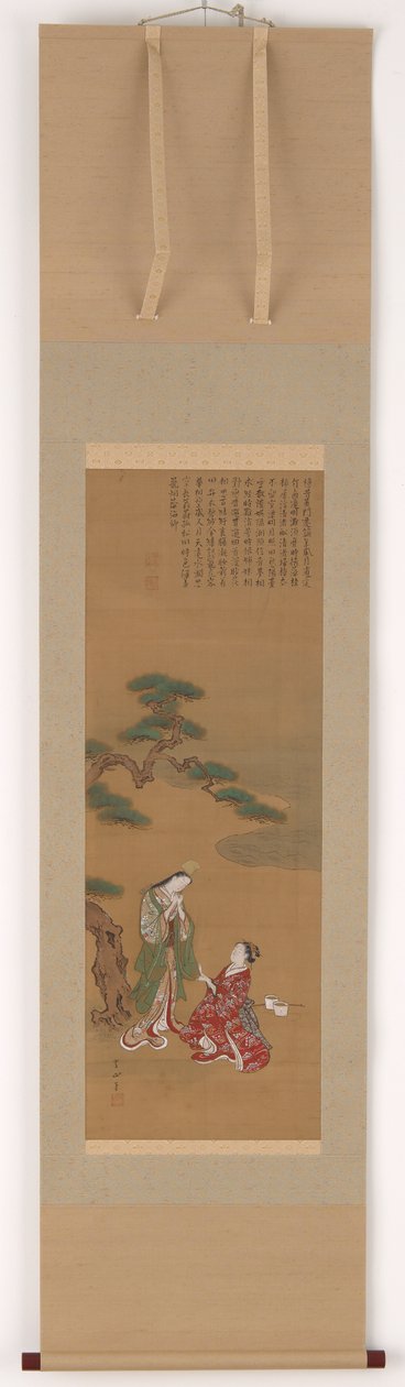 Deniz kıyısında bir çam ağacının altında iki genç kadın..., Edo dönemi, 18. yüzyıl. by Kawamata Tsunemasa