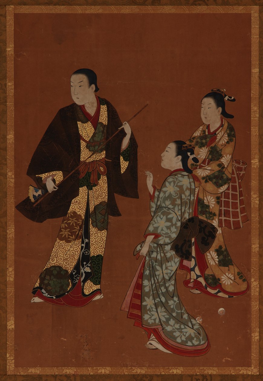 Bir erkek, muhtemelen bir aktör ve iki kız, Edo dönemi, 18. yüzyıl. by Kawamata Tsuneyuki