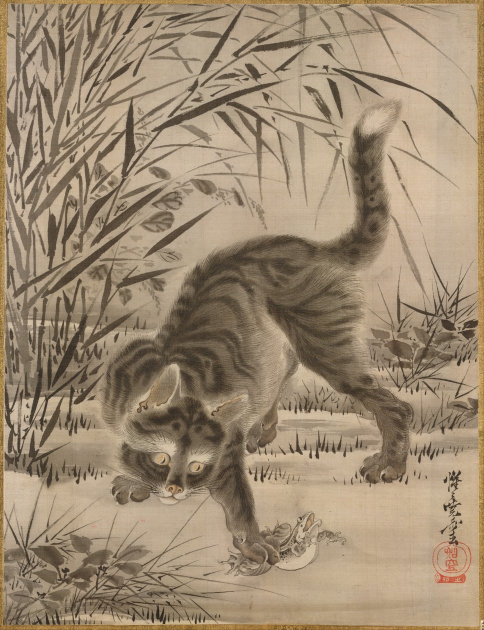 Kurbağa Yakalayan Kedi, yak. 1887. by Kawanabe Kyosai