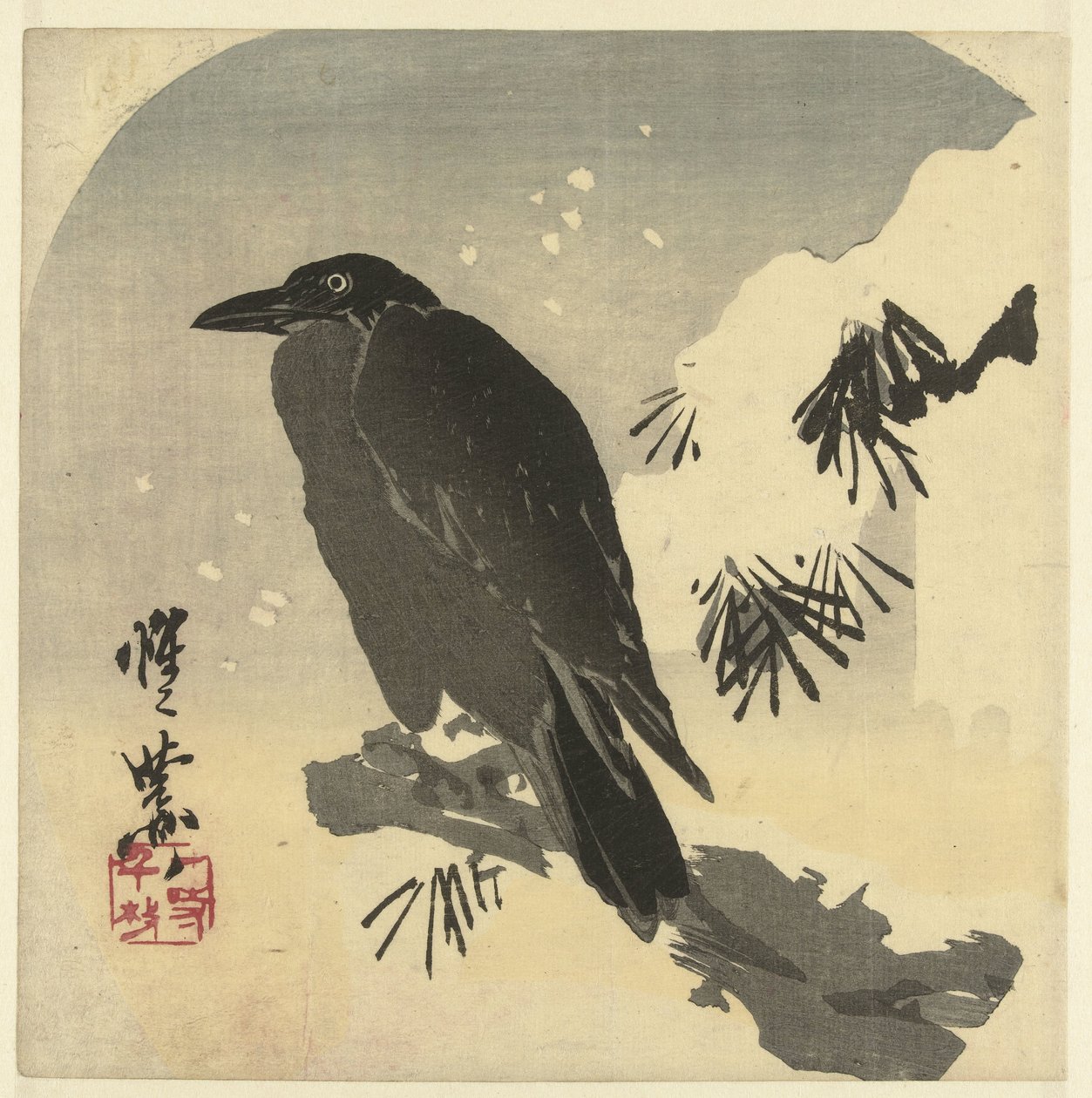 Karlı çam dalı üzerinde karga by Kawanabe Kyosai