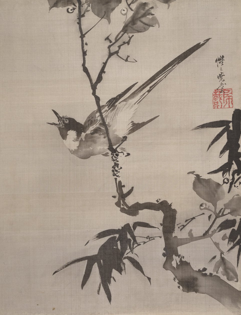 Dalda Şarkı Söyleyen Kuş, ca. 1887. by Kawanabe Kyosai