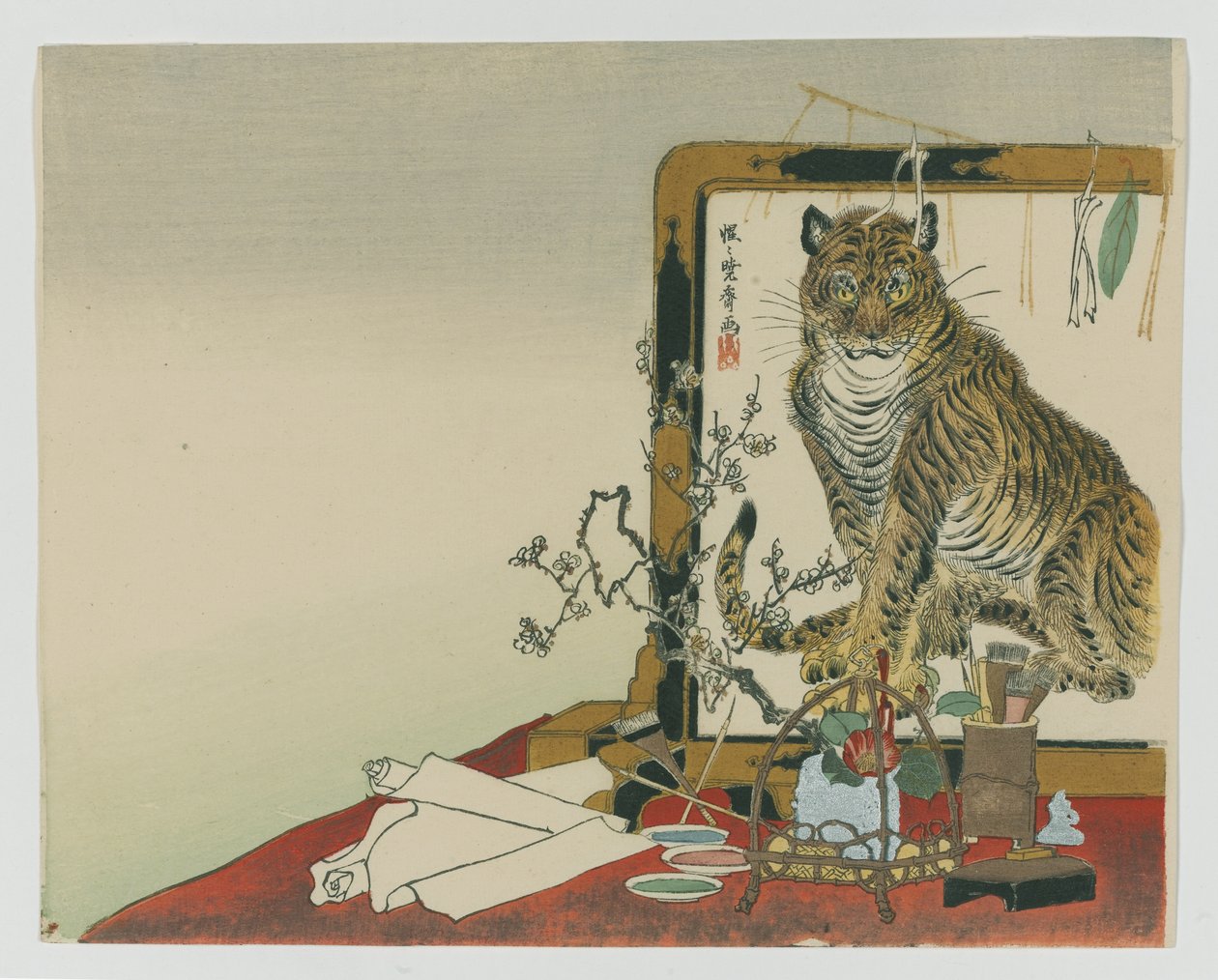 Bir Kaplanın Duran Ekranı (Tsuitate), 1878 (tahta blok renkli baskı) by Kawanabe Kyosai