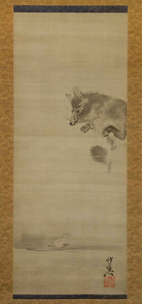 Tanuki Rakun Köpeği Sudaki Yansımasını İzlerken, 19. Yüzyılın Sonları. by Kawanabe Kyosai