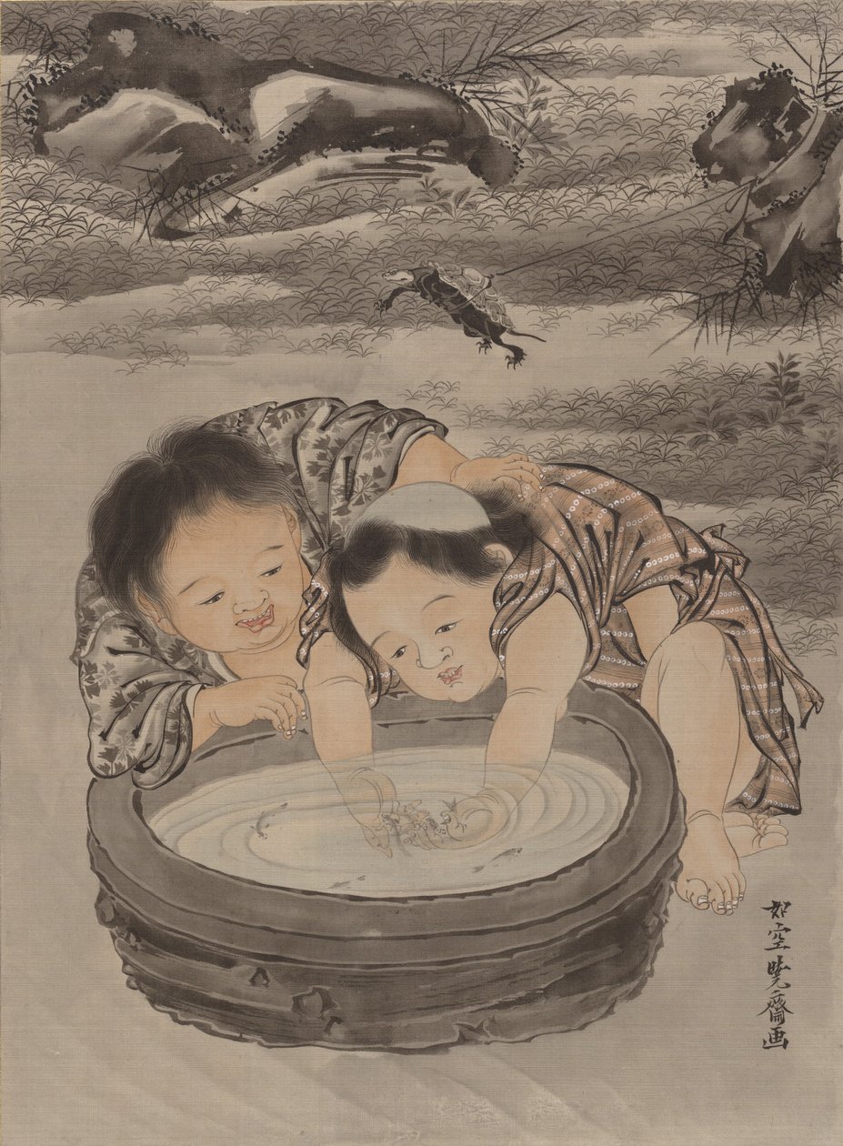 Japon Balığı ile Oynayan İki Çocuk, ca. 1887. by Kawanabe Kyosai