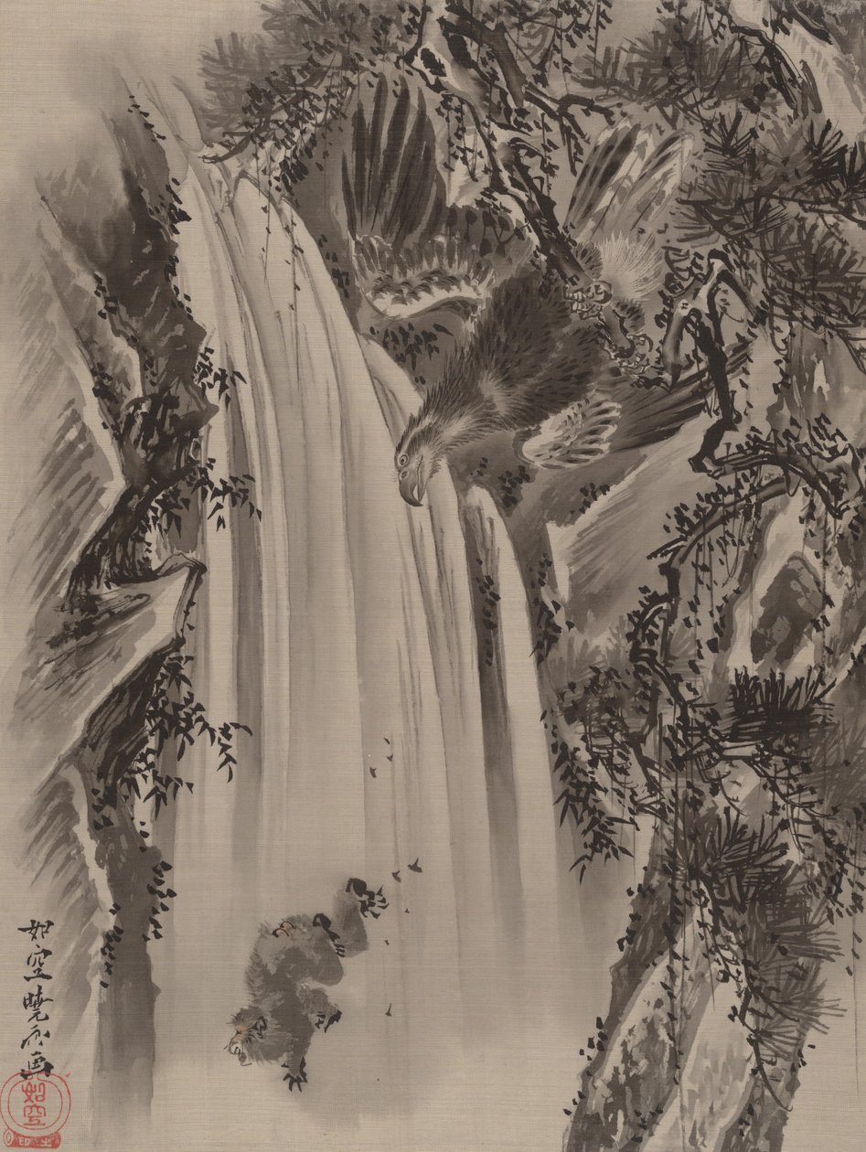 Şelale, Kartal ve Maymun, ca. 1887. by Kawanabe Kyosai