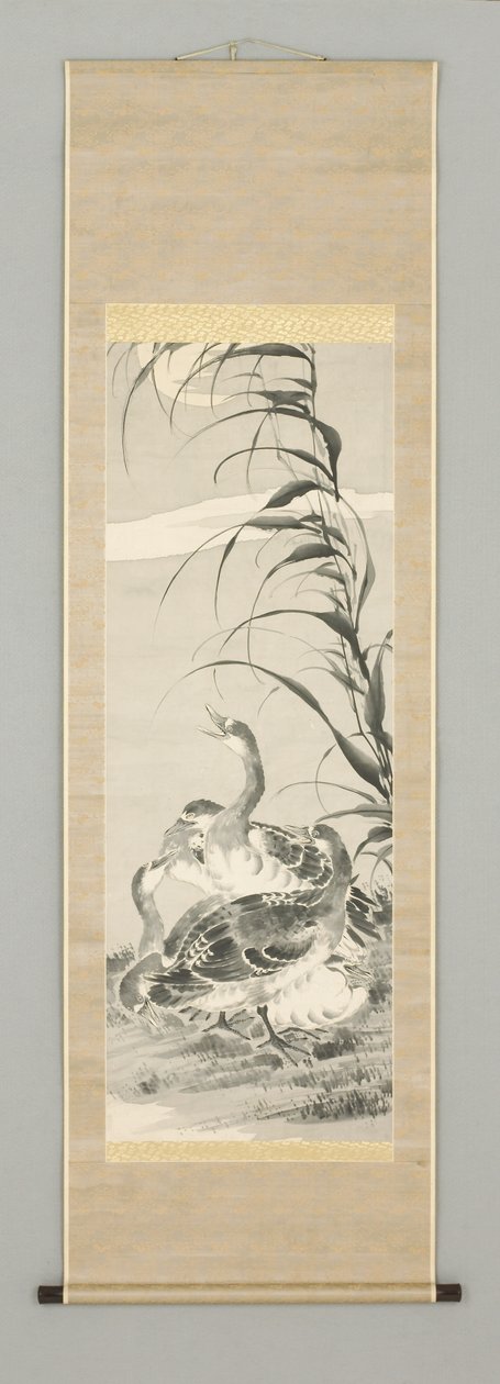 Ay ile Manzarada Kazlar, 19. yüzyılın ortalarında yüzyıl (Asma kaydırma: kağıt üzerinde mürekkep ve renk) by Kazan Watanabe