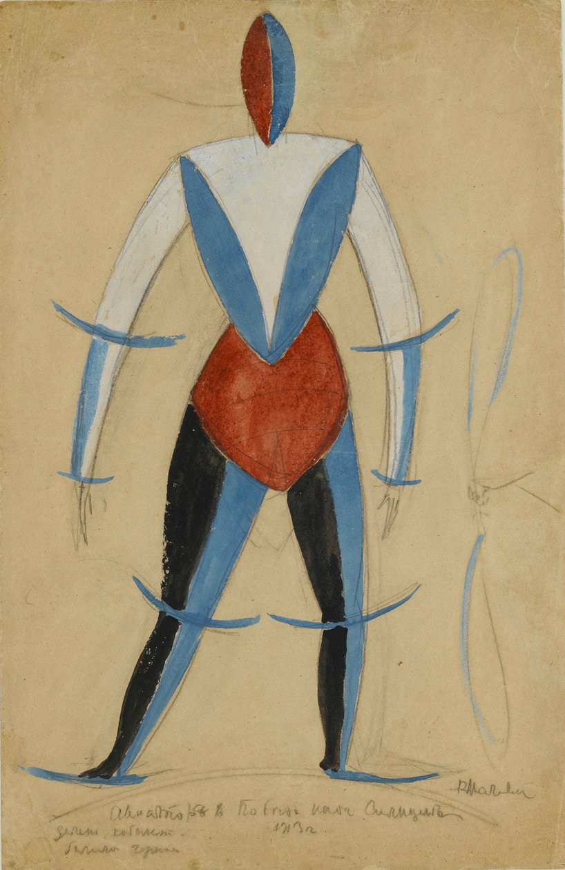 Havacı, Güneşe Karşı Zafer operası için kostüm tasarımı, Aleksei Kruchenykh, 1913 (kağıt üzerine mürekkep, guaj ve kurşun kalem) by Kazimir Severinovich Malevich