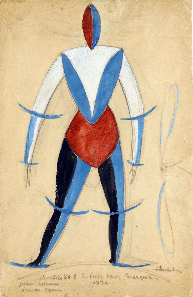 havacı. A. Kruchenykh par Malevich, Kasimir Severinovich (1878-1935) tarafından Güneşe Karşı Zafer operası için kostüm tasarımı by Kazimir Severinovich Malevich