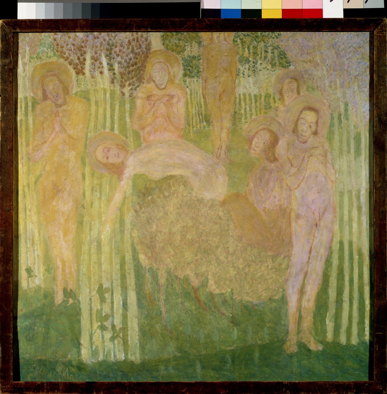 Bir fresk resmi için eskiz. Çiçeklerle dolu bir bahçede toplanmış, haleli, mutlu yüzlü, çıplak bedenli azizlerin temsili. Kasimir Severinovich Malevich