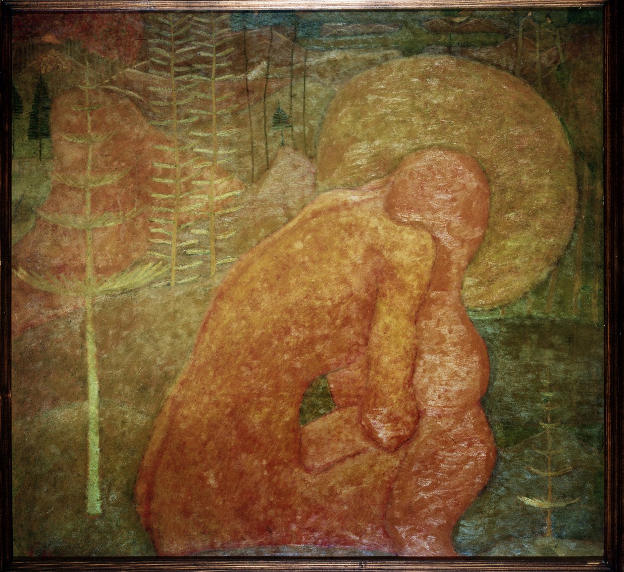 Bir fresk için eskiz. Namaz. (Bir fresk resmi için eskiz; Dua). Bir orman manzarasında çıplak bir karakter, halesinin altına kıvrılmış. Kasimir Severinovich Malevich