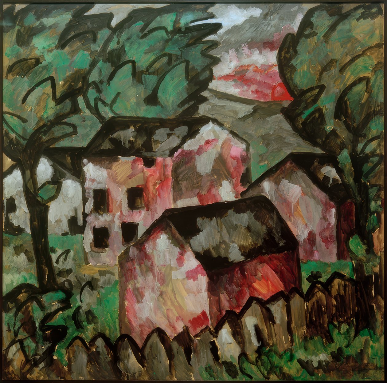 Üç kırmızı ev ile manzara by Kazimir Severinovich Malevich