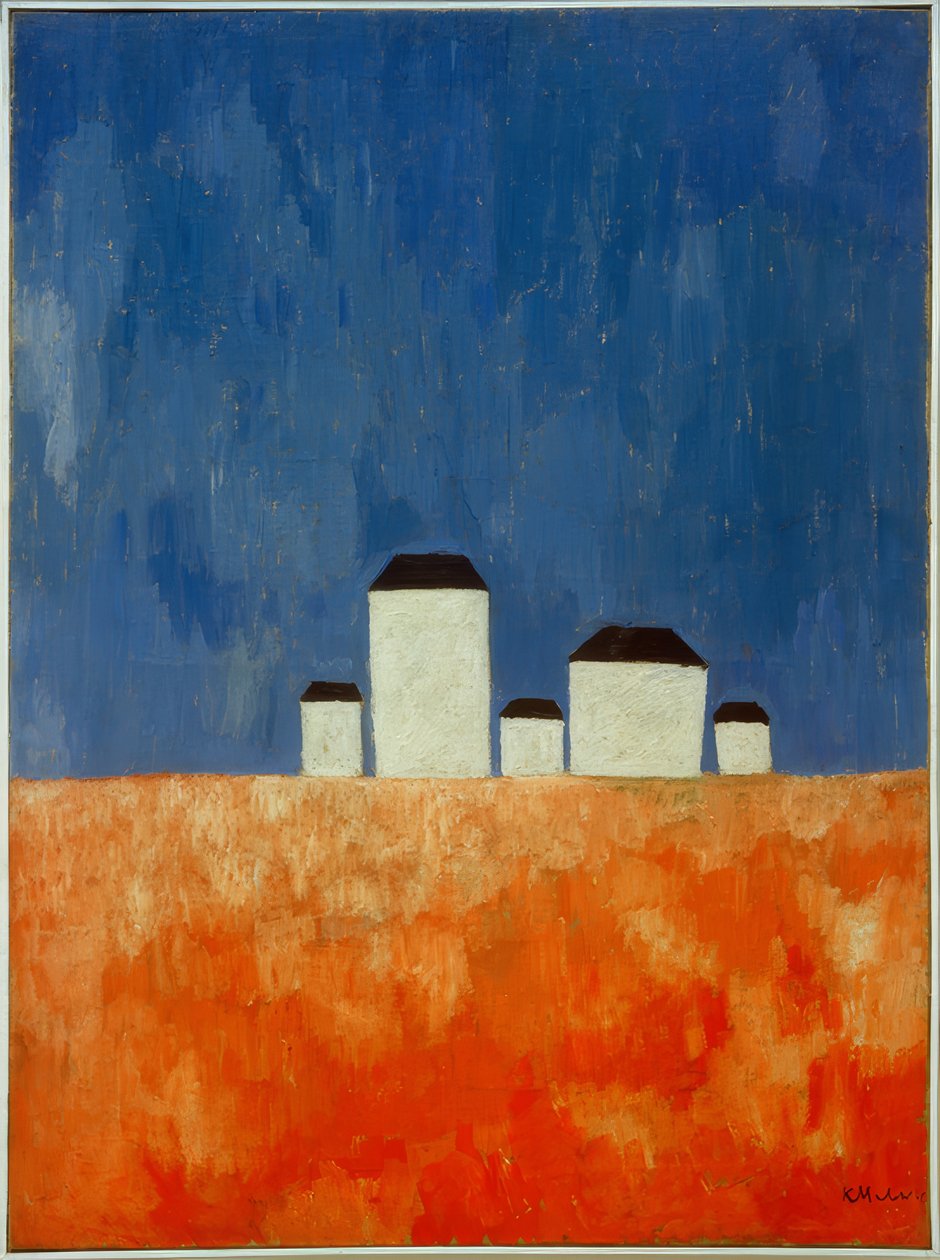 Beş ev ile manzara by Kazimir Severinovich Malevich