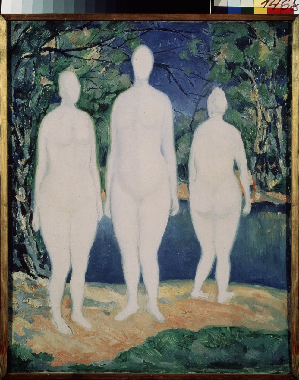 Yıkananlar. Yaz aylarında bir nehrin yanında duran üç beyaz, çıplak figür. Kasimir Severinovich Malevich