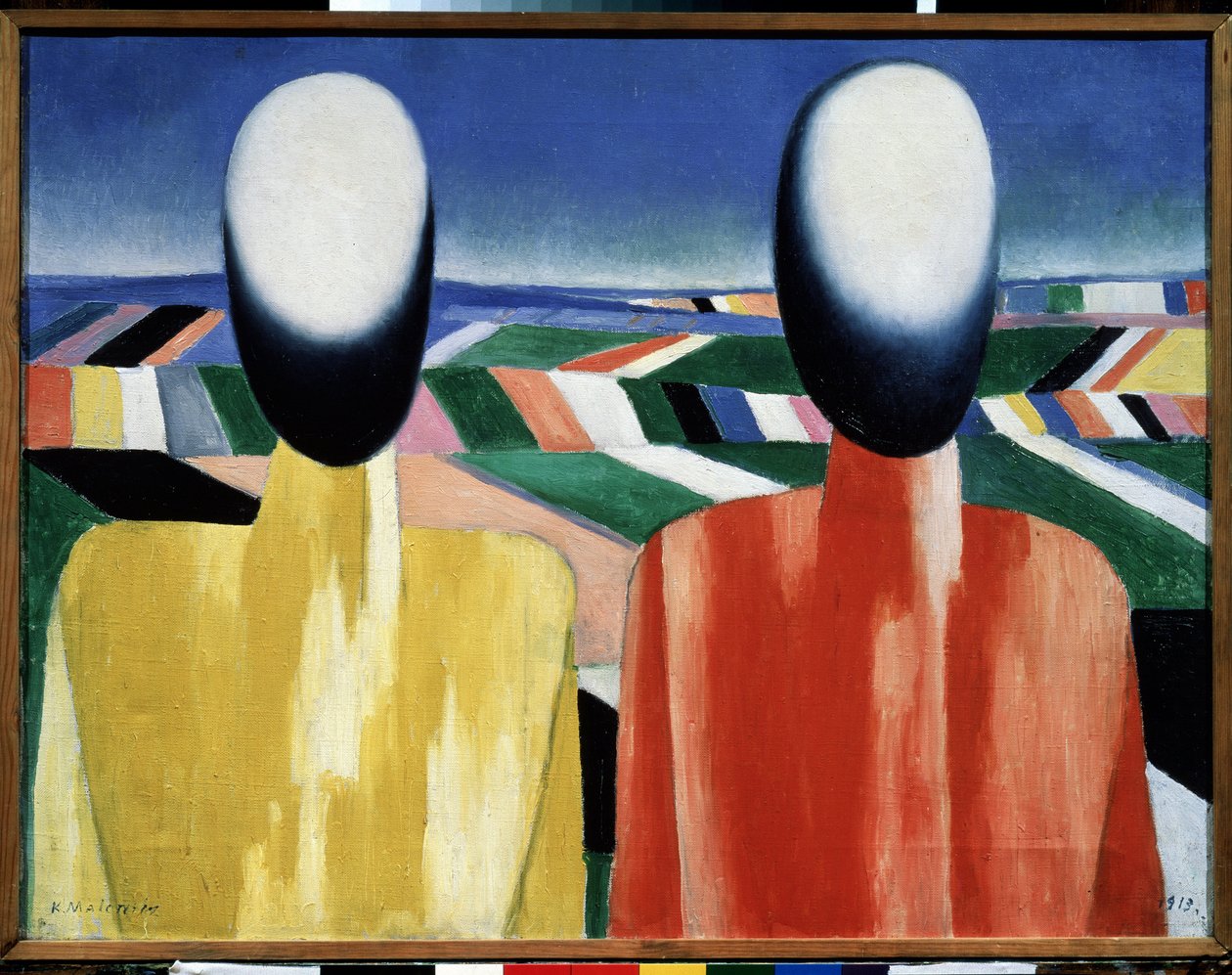 Köylüler (Köylüler). Ekili tarlalardan oluşan bir manzaranın önünde iki yüzü olmayan kafa. Kasimir Severinovich Malevich (Malevich, Maleviç) (1878-1935), tuval üzerine yağlı boya, 1930 civarı. Rus sanatı, avangart, 20. yüzyıl, süprematizm. Devlet Rus İlham by Kazimir Severinovich Malevich