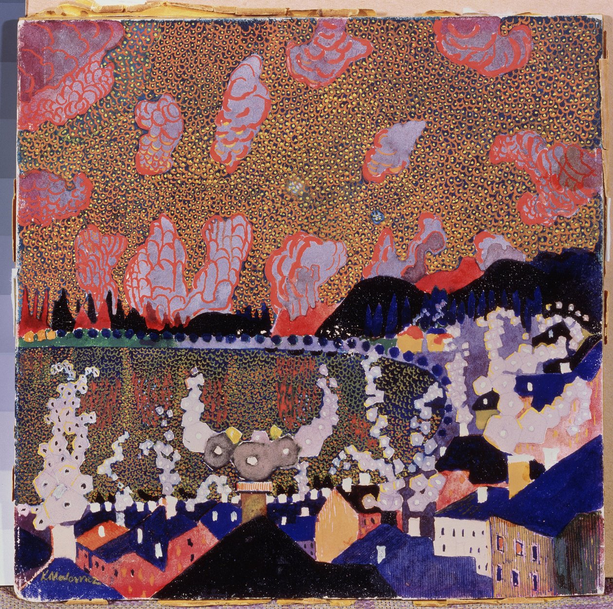 Küçük kasaba. Kasimir Severinovich Malevich (Malevich, Maleviç) (1878-1935) tarafından yapılan boyama, karton üzerine yağlı boya by Kazimir Severinovich Malevich
