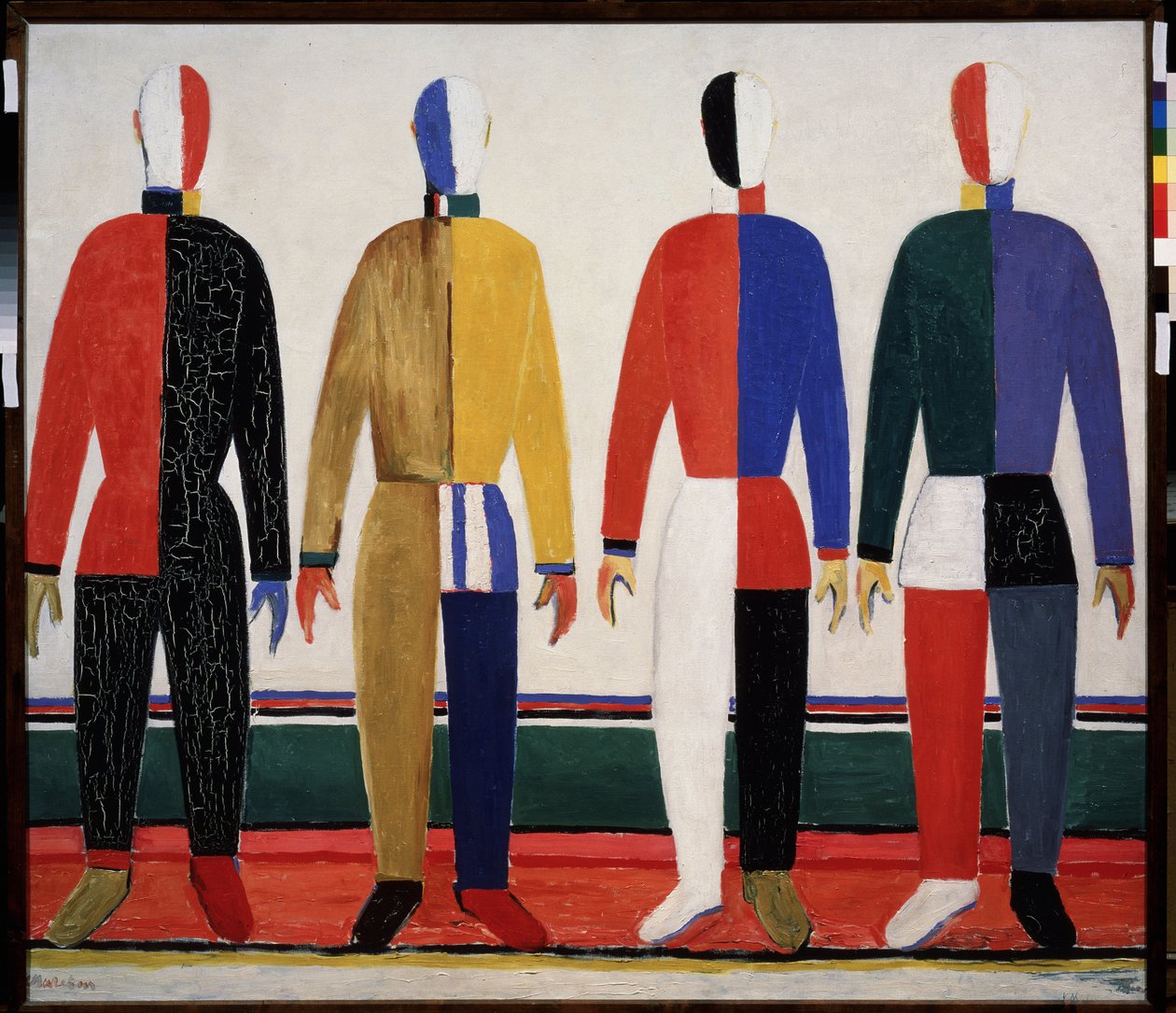 Sporcular. Renkli spor giysiler giyen dört adam. Kasimir Severinovich Malevich