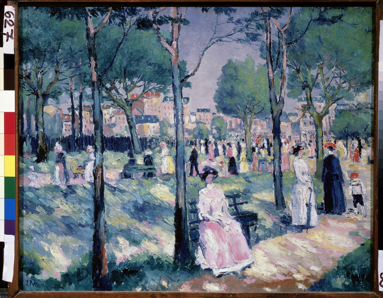 Bulvarda (Bulvarda). Yaz sahnesi, arka planda şehir olan bir parkta, birçok aile yürüyor. Kasimir Severinovich Malevich