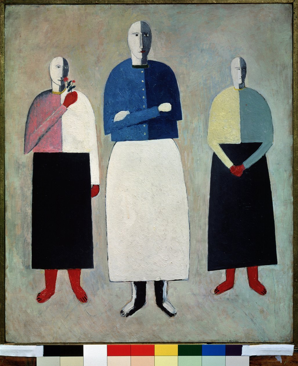 Üç Kadın (Üç Kız). Üçünün kel kafaları var, düz bir etek ve düğmeli bir yelek giymişler. Kasimir Severinovich Malevitch (Malevich, Maleviç) (1878-1935), ahşap üzerine yağlı boya by Kazimir Severinovich Malevich