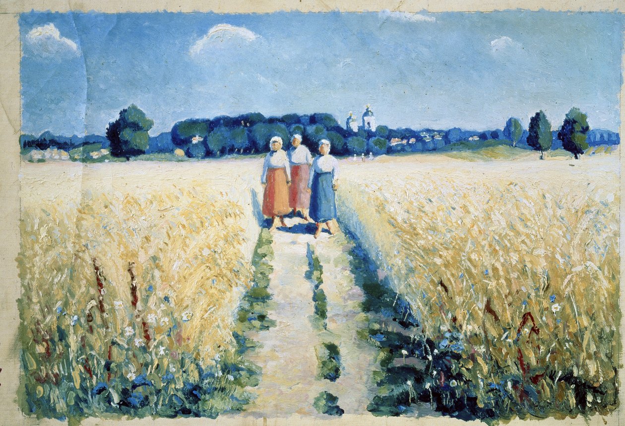 Trois femmes sur la route (Yolda Üç Kadın). Geleneksel elbiseli yalınayak köylü kadınlar, ekili tarlalar arasında yürüyor, yaz ortasında, tarımsal hasat mevsimi. Kasimir Severinovich Malevich