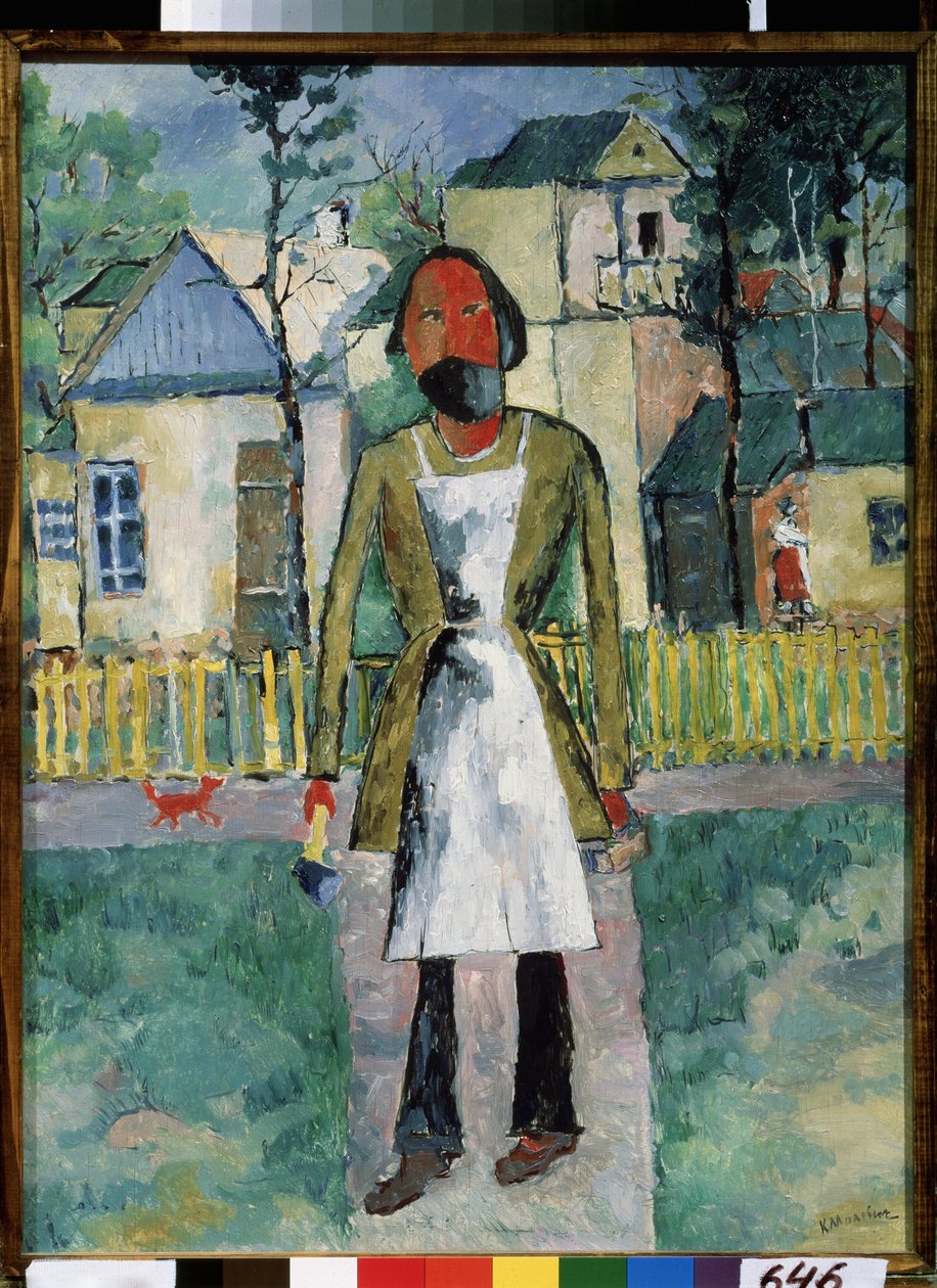 Bir marangoz (Bir Marangoz). Zanaatkar bir köy köyünün önünde duruyor, iş önlüğünü giymiş ve aletlerini iki elinde tutuyor. Kasimir Severinovich Malevitch (Malevich, Maleviç) (1878-1935), ahşap üzerine yağlı boya by Kazimir Severinovich Malevich