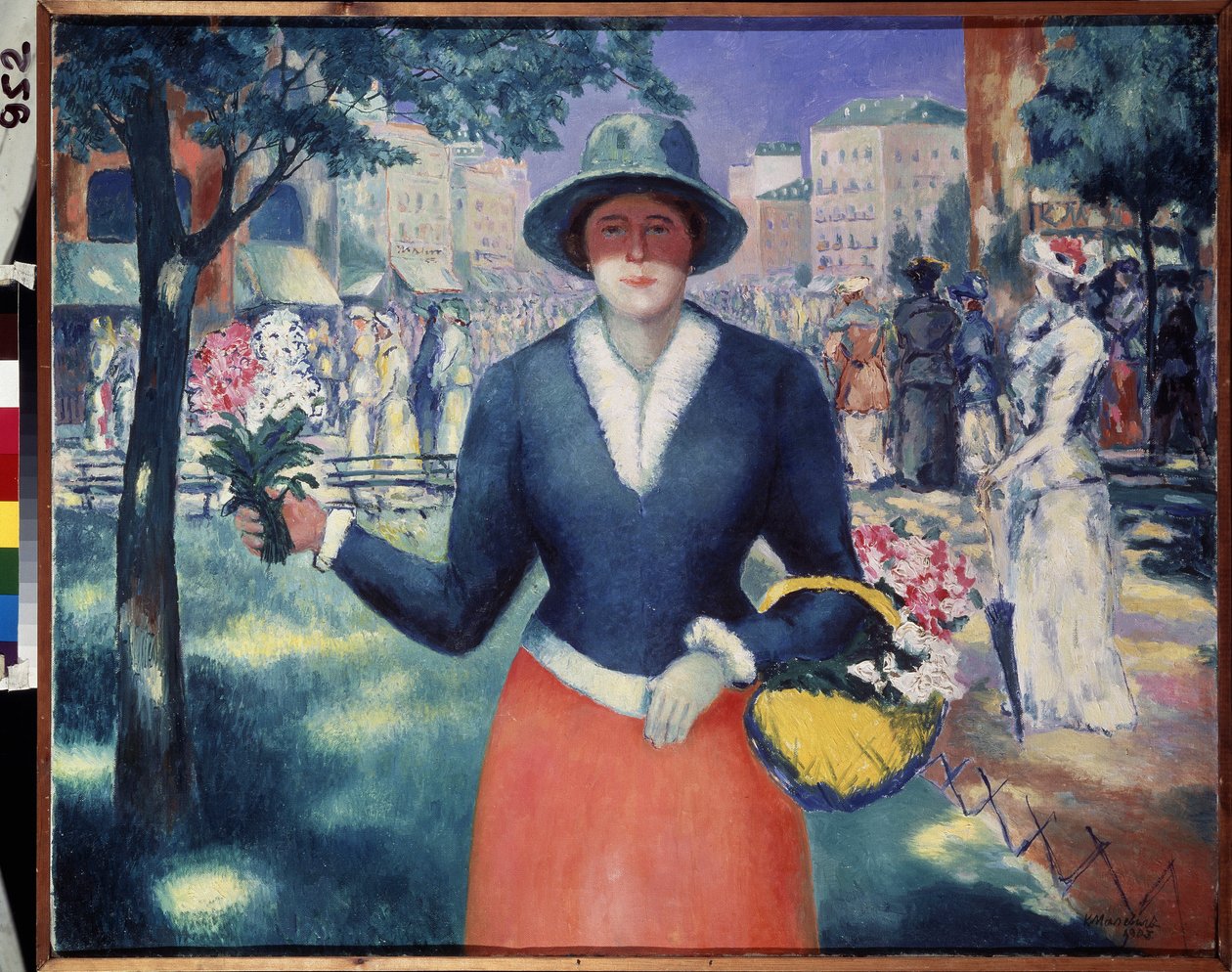 Bir Çiçek Kız. Yaz sahnesi, şehrin ortasındaki halka açık bir parkta kalabalık yürüyor, bir çiçek satıcısının portresi. Kasimir Severinovich Malevich
