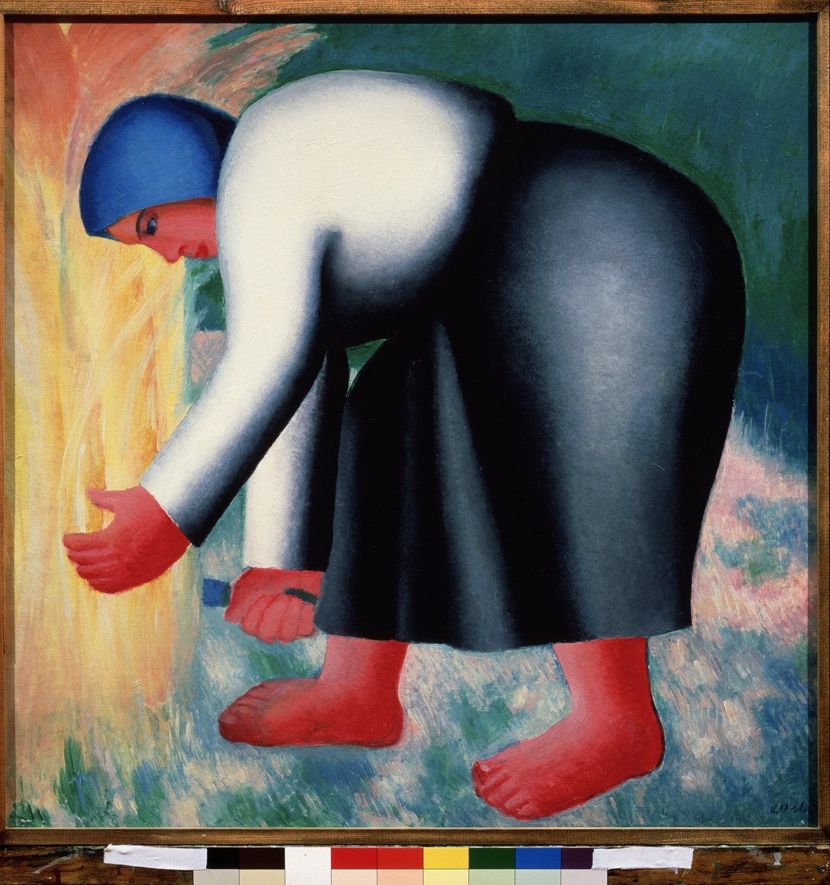 Bir orakçı. Tahıl hasadı yapan bükülmüş, yalınayak bir köylü kadının portresi. Kasimir Severinovich Malevitch (Malevich, Maleviç) (1878-1935), ahşap üzerine yağlı boya by Kazimir Severinovich Malevich