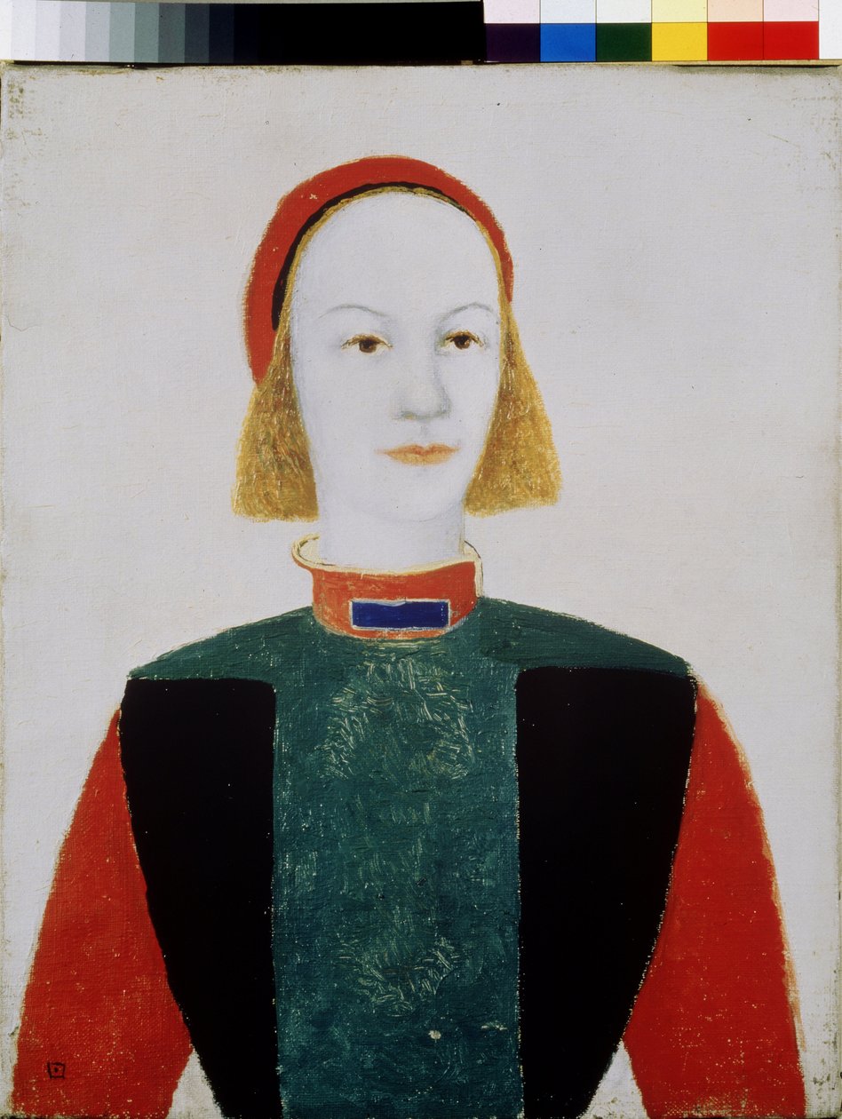Genç bir kız (Bir Kız). Kasimir Severinovich Malevich (Malevich, Maleviç) (1878-1935), tuval üzerine yağlı boya 1932. Rus sanatı, avangart, 20. yüzyıl, süprematizm. Devlet Rus Müzesi, Saint Petersburg by Kazimir Severinovich Malevich