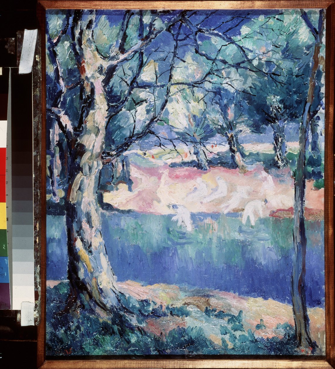 Ormanda Bir Nehir. Yazın ortasında, kıyıda kabataslak çıplak yıkananlarla. Kasimir Severinovich Malevich
